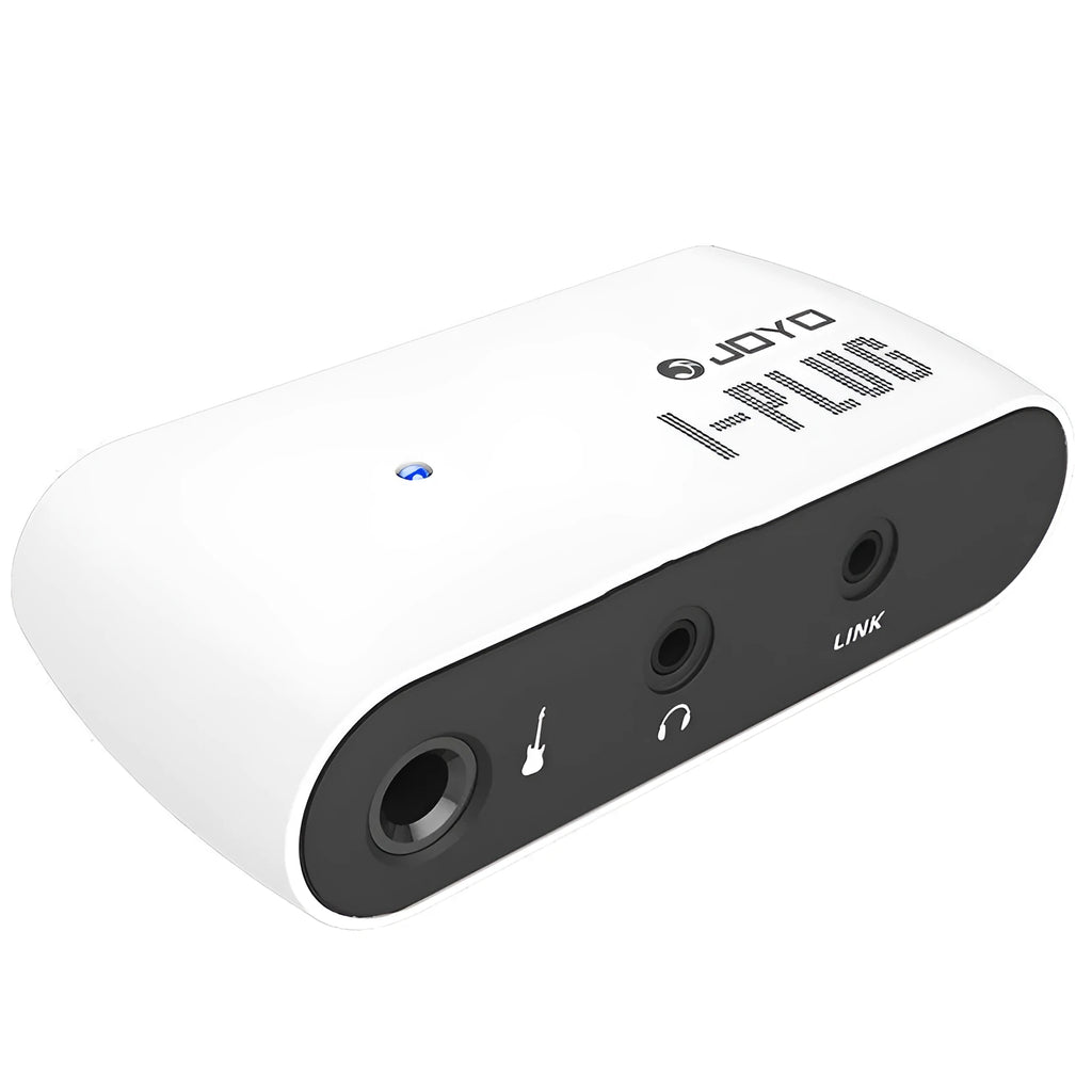 White multi-effects metal distortion headphone amplifier with battery compartment and connectors