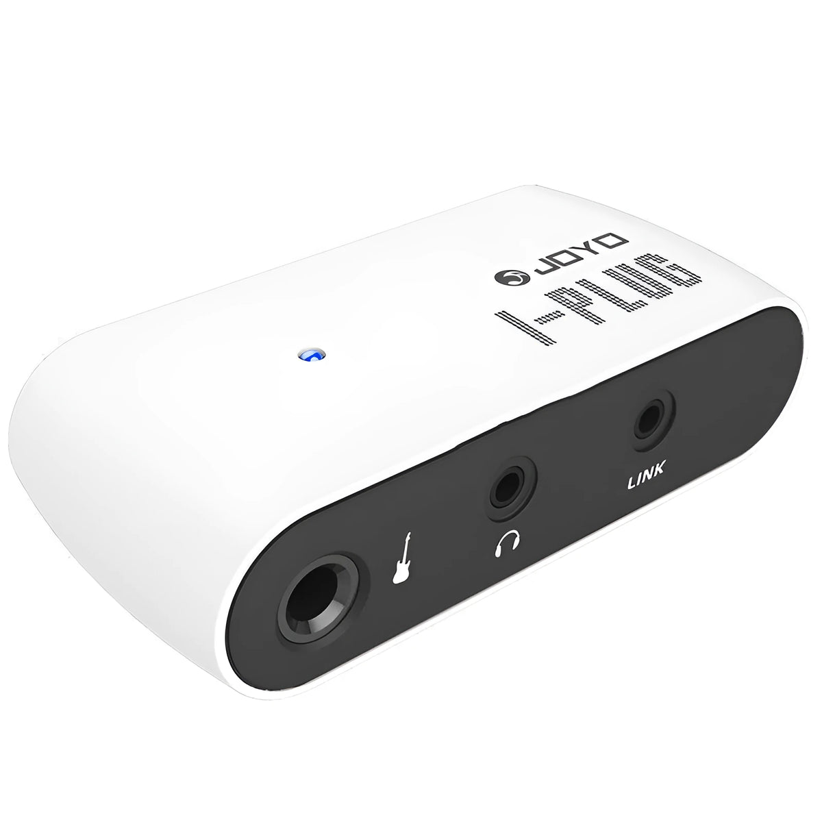White multi-effects metal distortion headphone amplifier with battery compartment and connectors