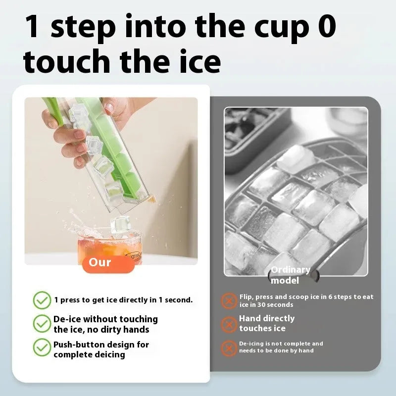 Ice cube mold with storage box showing one-touch release mechanism and food-grade PET construction