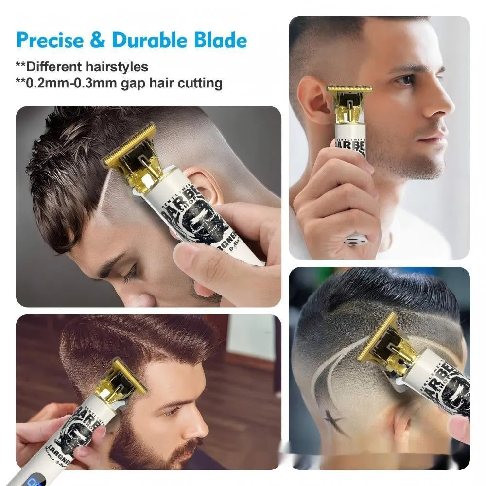 Rechargeable hair clipper with stainless steel cutter head showing USB charging port