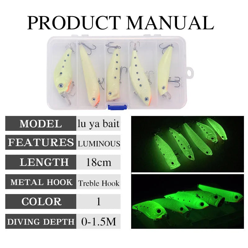 Set of five 3D fluorescent submerged luminous hard bait fishing lures in various colours.