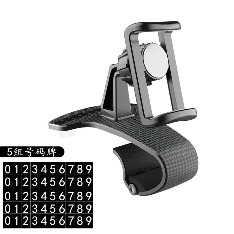 Black adjustable car phone holder with 360-degree rotation on vehicle dashboard