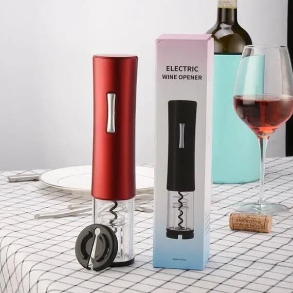 Automatic electric wine bottle opener with foil cutter in black, red, or white plastic finish.