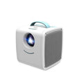 Mini home theater projector displaying a 20-70 inch image on a wall with blue or pink colour options and US plug