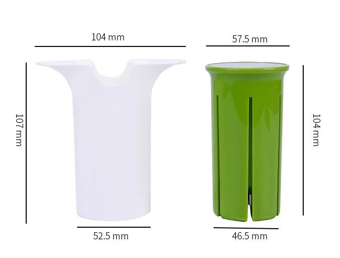 White vegetable cutter tool with six stainless steel blades for slicing cucumbers and carrots