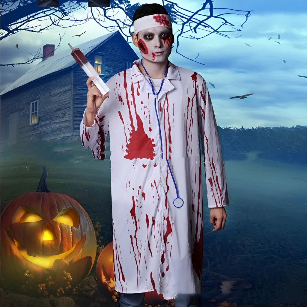 Adult white polyester masquerade costume set with dress and mask for Halloween parties