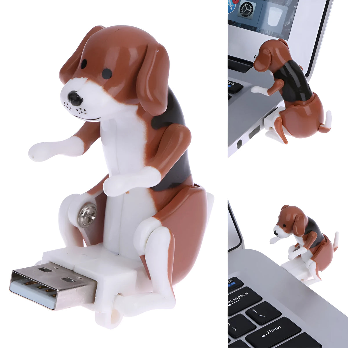 Brown USB-powered dog desktop toy, 60x30x60 mm, with USB connector, front view on white background