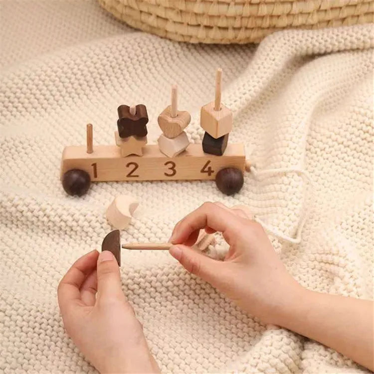 Wooden early learning toys set: car cognitive toy and star moon threading toy on table