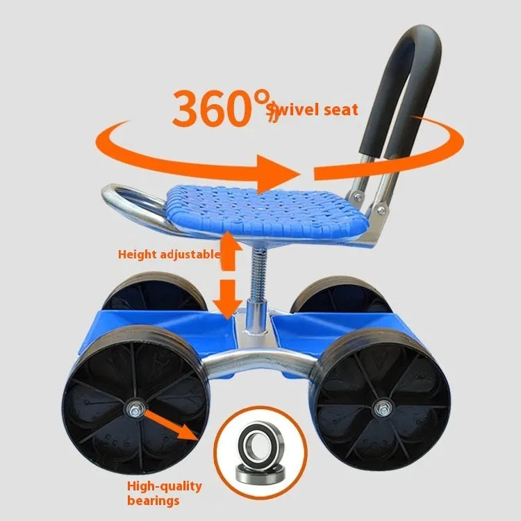 Folding garden mobile seat on wheels with galvanized pipe frame, shown in outdoor setting