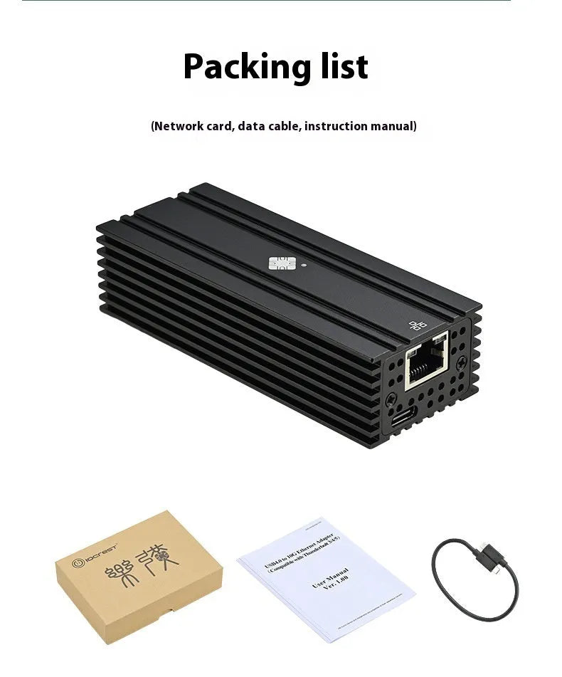 Black USB4 10 Gigabit Ethernet adapter with 20cm cable and RJ45 port