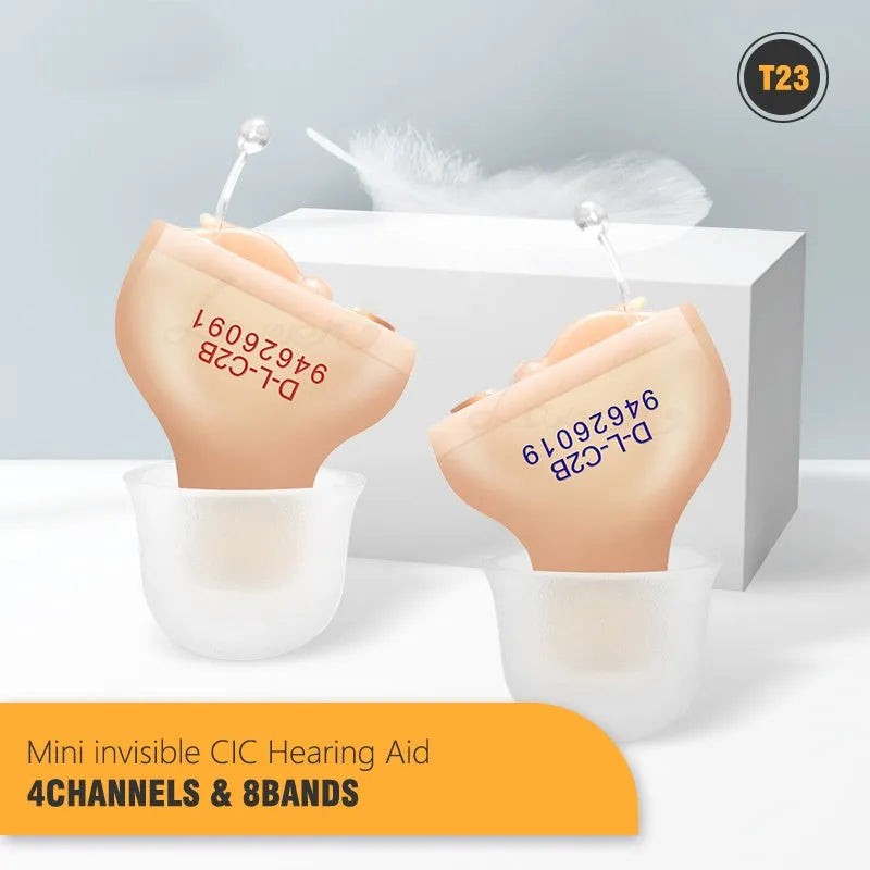 Mini T23 completely-in-canal invisible hearing aid with assorted ear dome sizes.