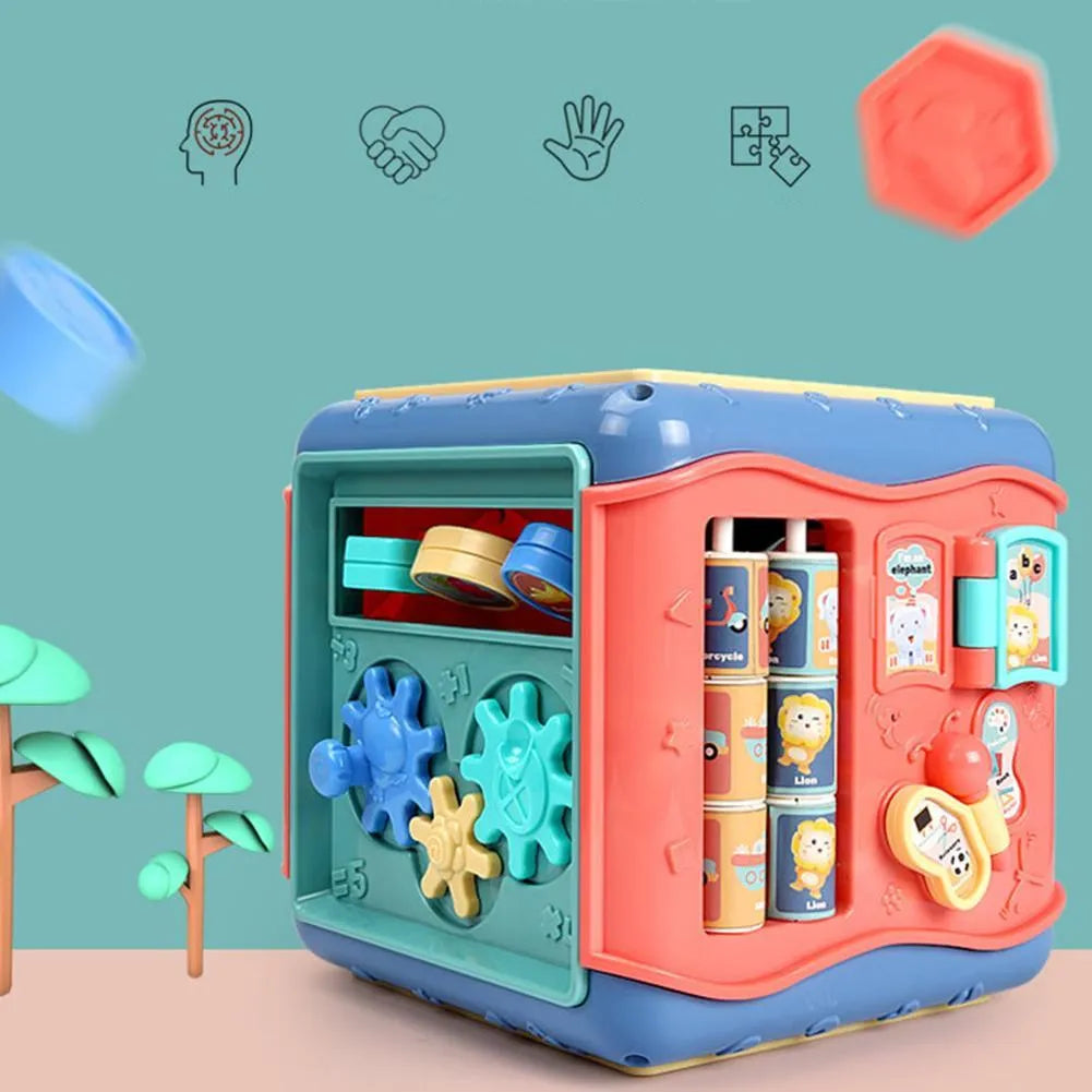 Baby educational hexahedron cube with six learning activities showing bead maze, gears, and shape sorting