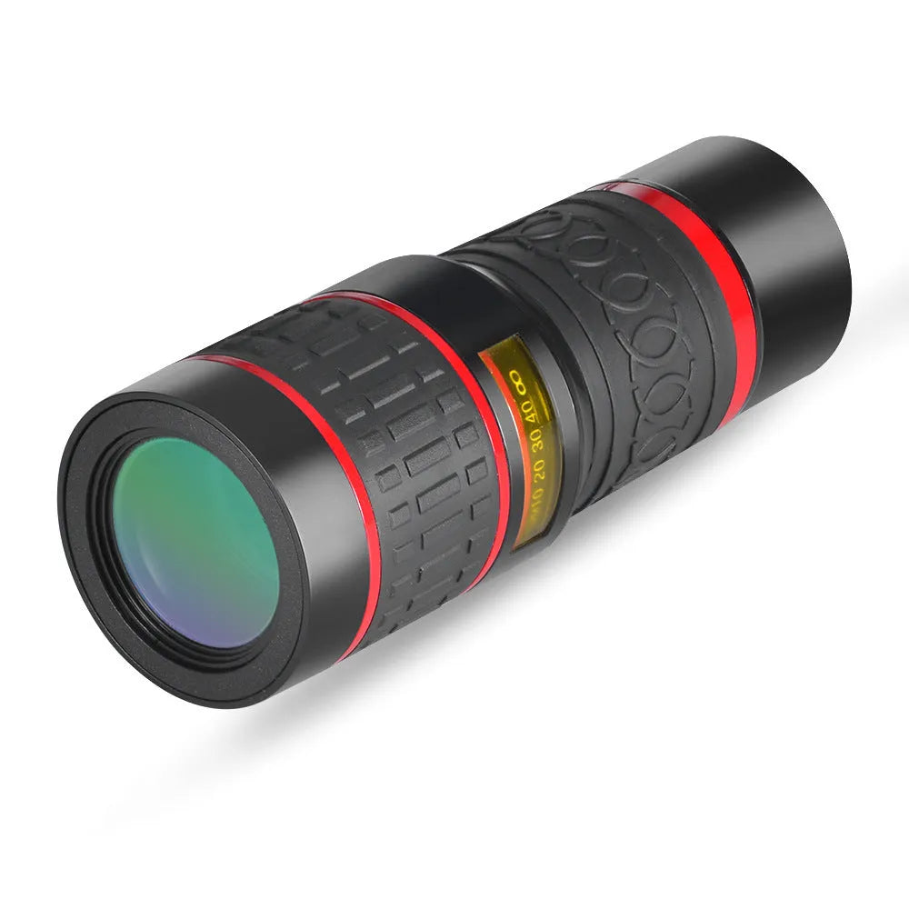 20x magnification mobile phone telescope lens with universal mounting clip and single eye mask.