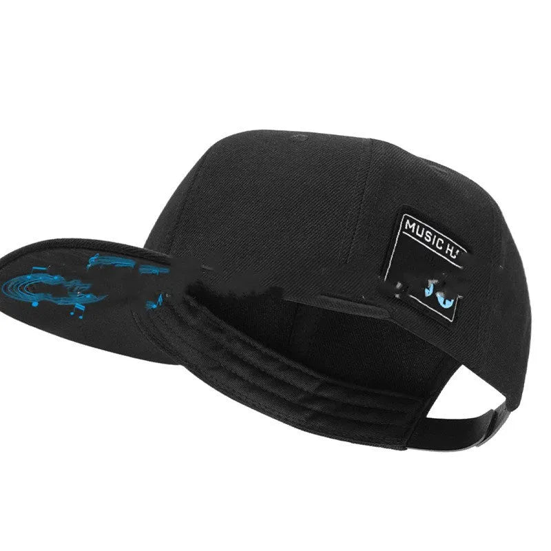 Wireless Bluetooth audio cap headphones in black with integrated side controls and fabric baseball cap design