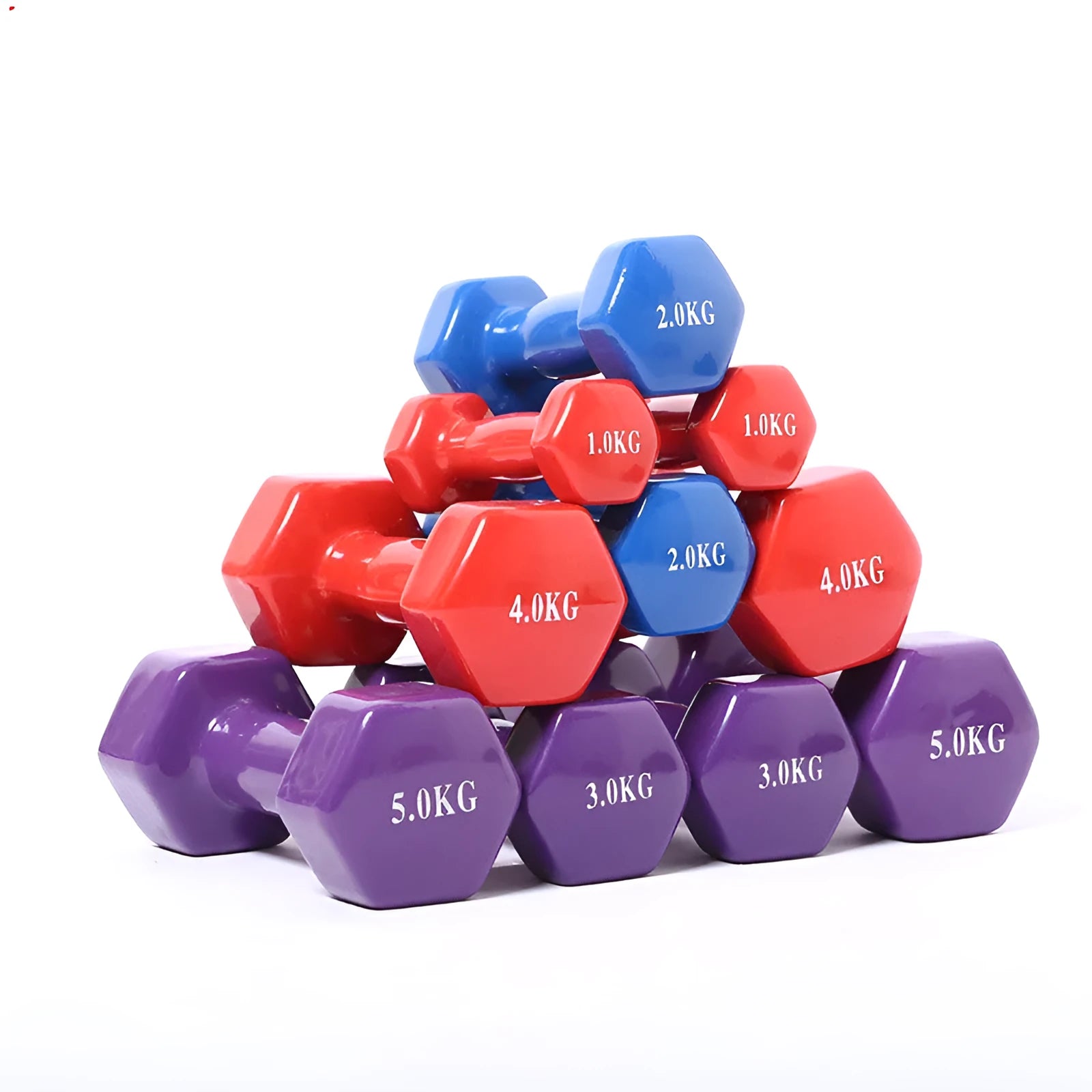 Bright coloured plastic-coated fitness dumbbells for home exercise with floor protection
