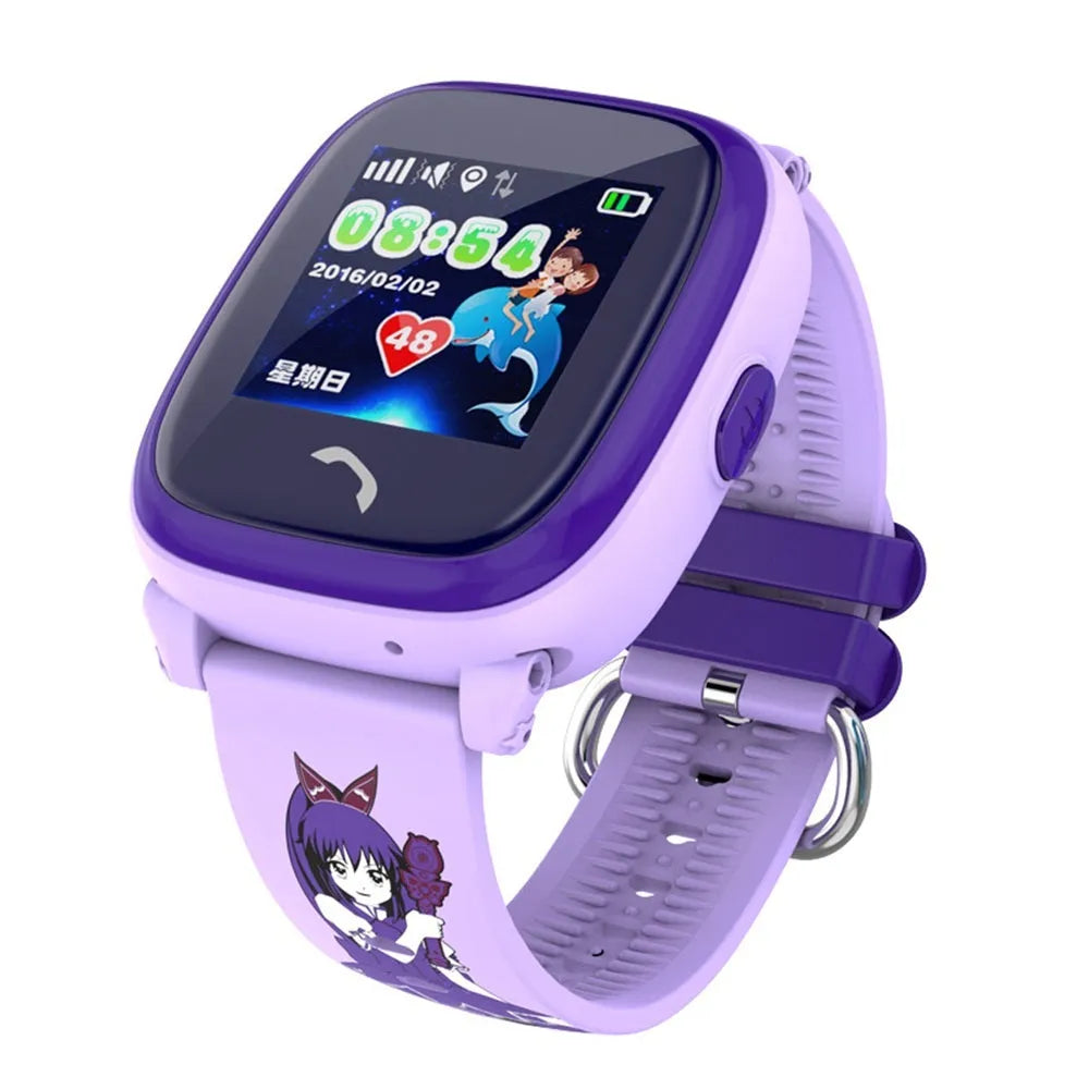 Blue children's smart watch with silicone strap showing time on 1.22 inch touch screen