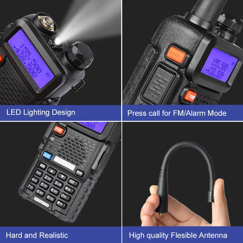 Compact black VHF UHF two-way radio walkie talkie with LCD display, showing 128 channels and long battery life.