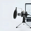 Black mini condenser microphone with aluminium stand and USB/3.5mm cables for live streaming