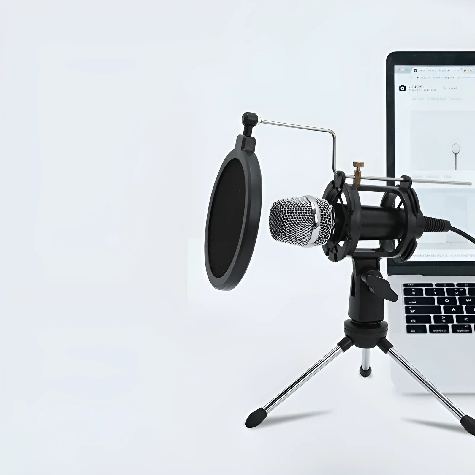 Black mini condenser microphone with aluminium stand and USB/3.5mm cables for live streaming