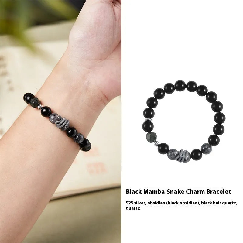 Men's black retro snake bracelet with obsidian crystal on S925 sterling silver band
