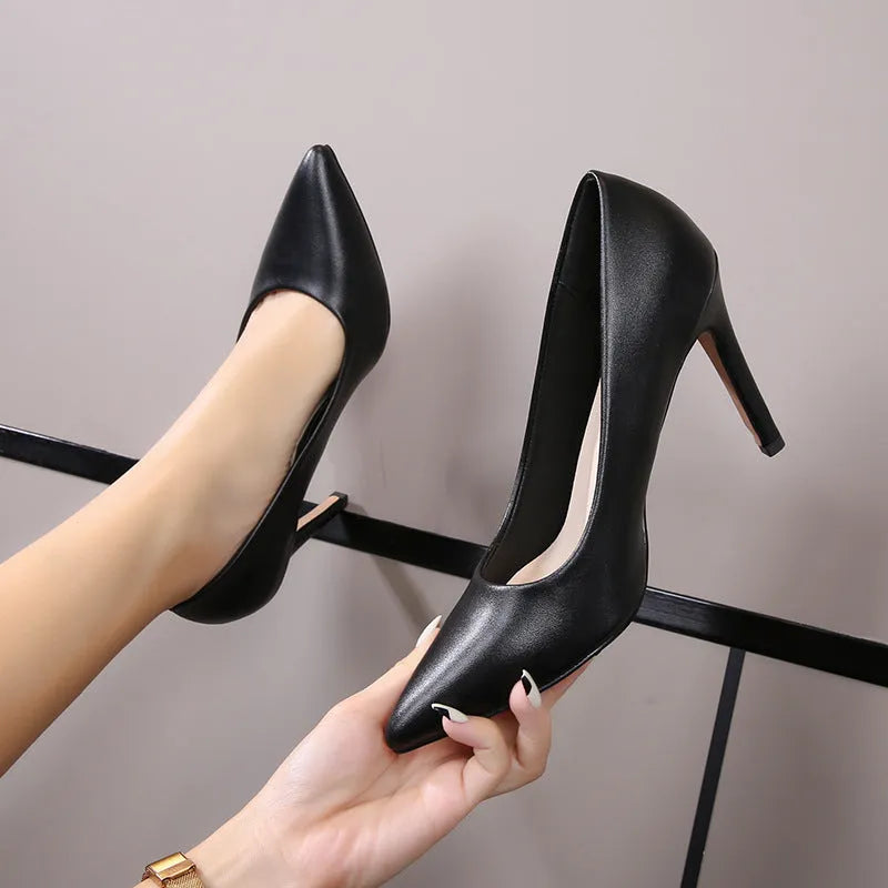 Black microfiber pointed toe stiletto heel shoes with rubber sole for formal wear