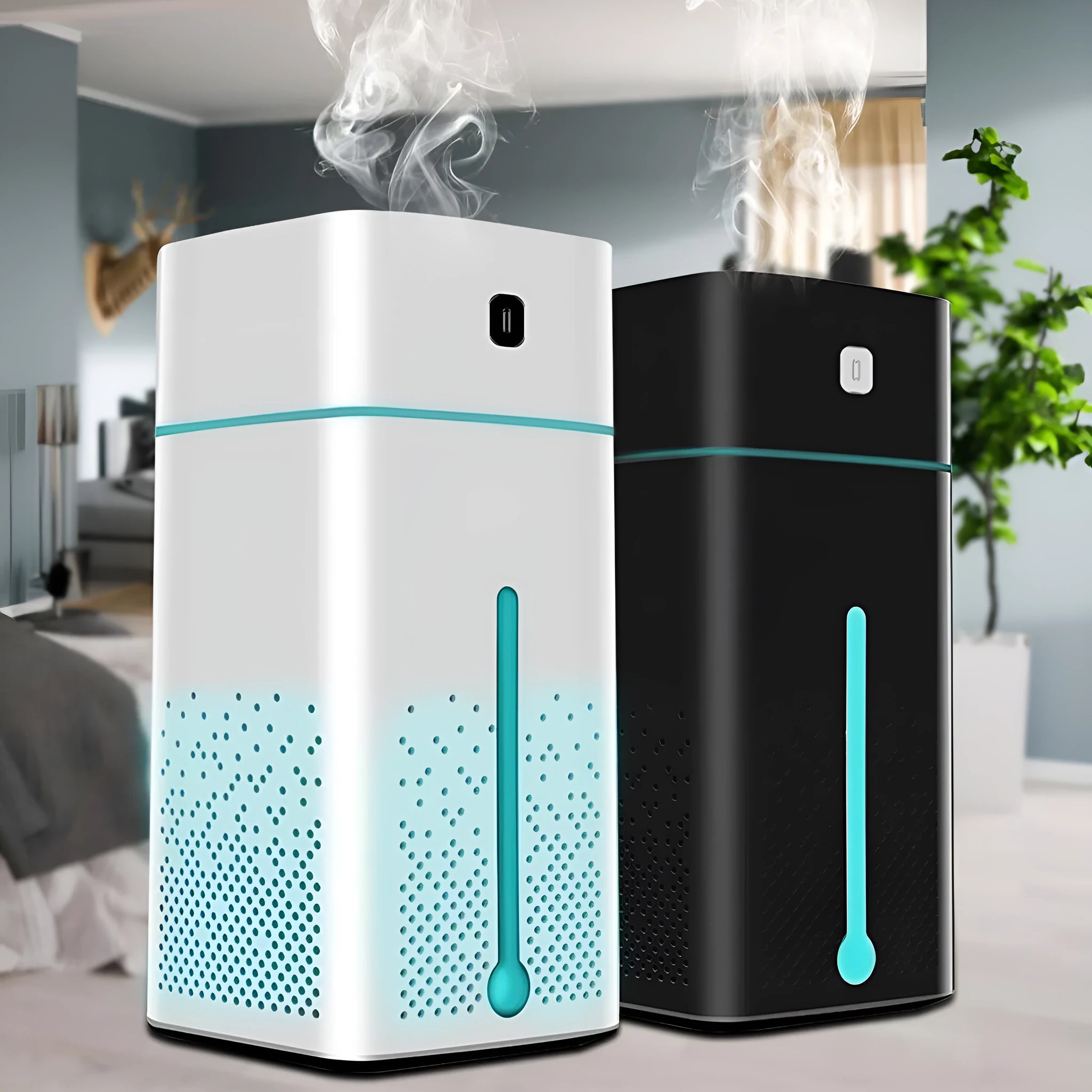 Black and white compact desktop humidifier with USB cable and 1000ml water tank.