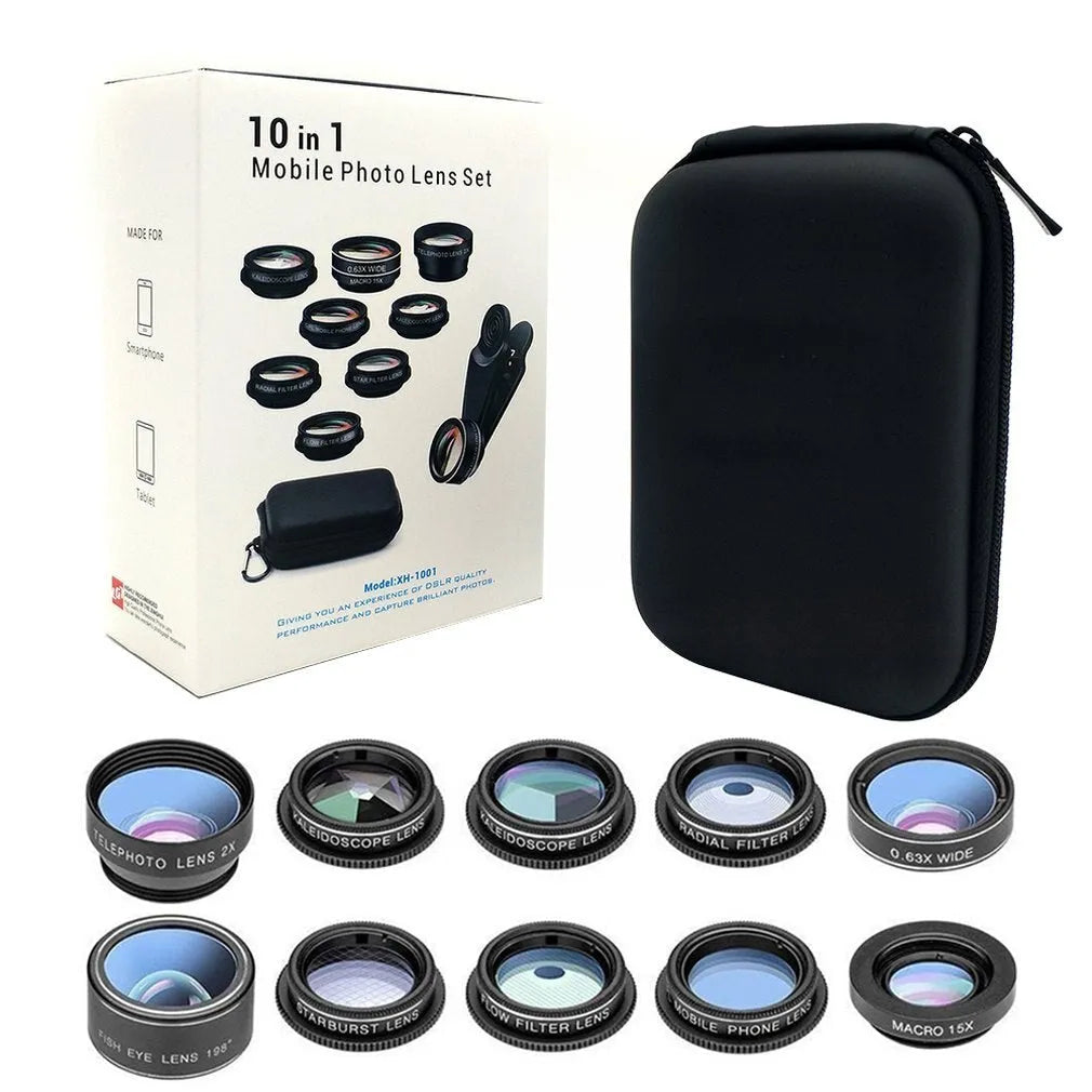 Black 10-in-1 mobile phone camera lens kit with fisheye and external attachments in aluminium-magnesium alloy