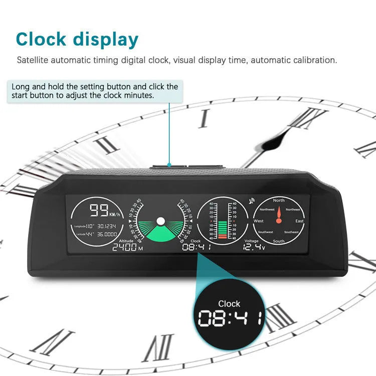 GPS GO 2 black car head-up display unit showing speed, angles, and compass on a colour LCD screen.