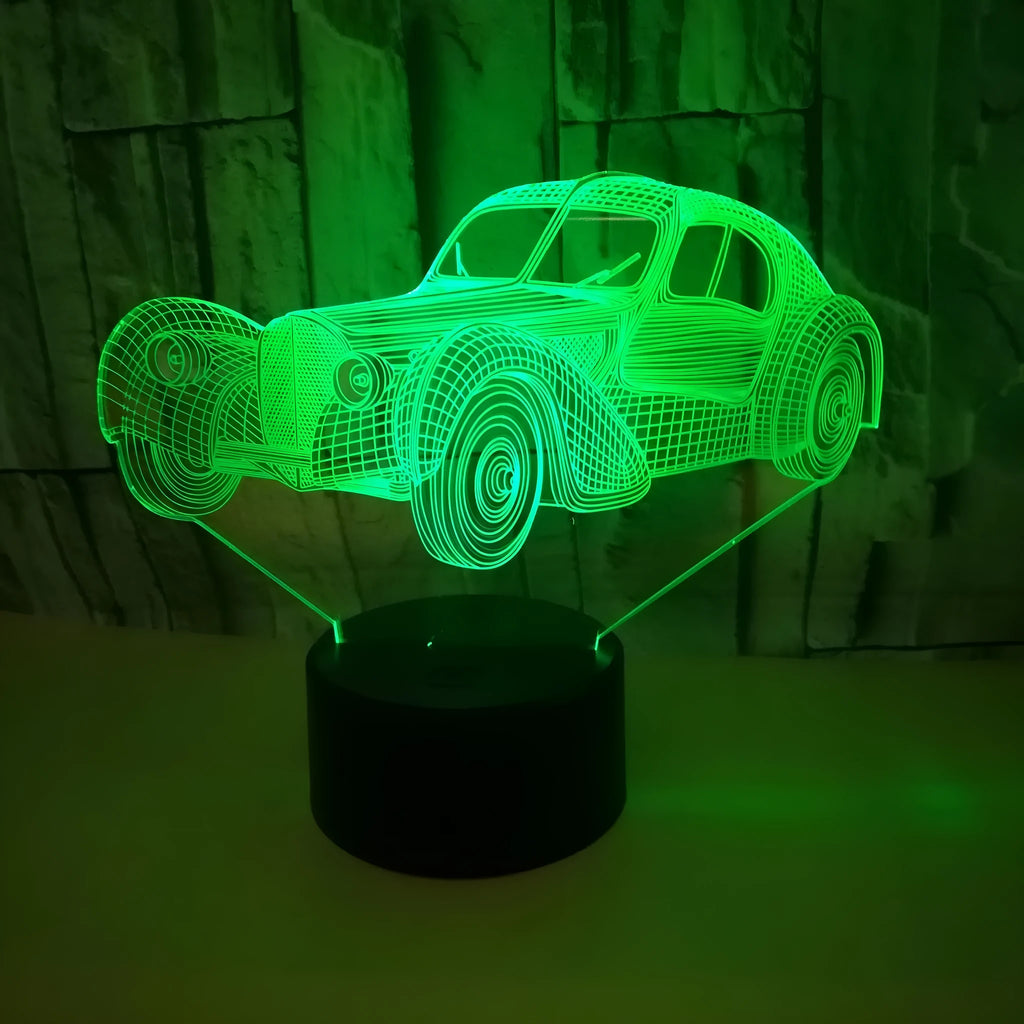Classic car USB 3D night light with acrylic panel, ABS base, and remote control showing seven colour options