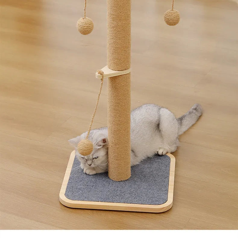 Simple style pine wood cat climbing frame with carpet leather scratching post and dangling windmill ball toy.