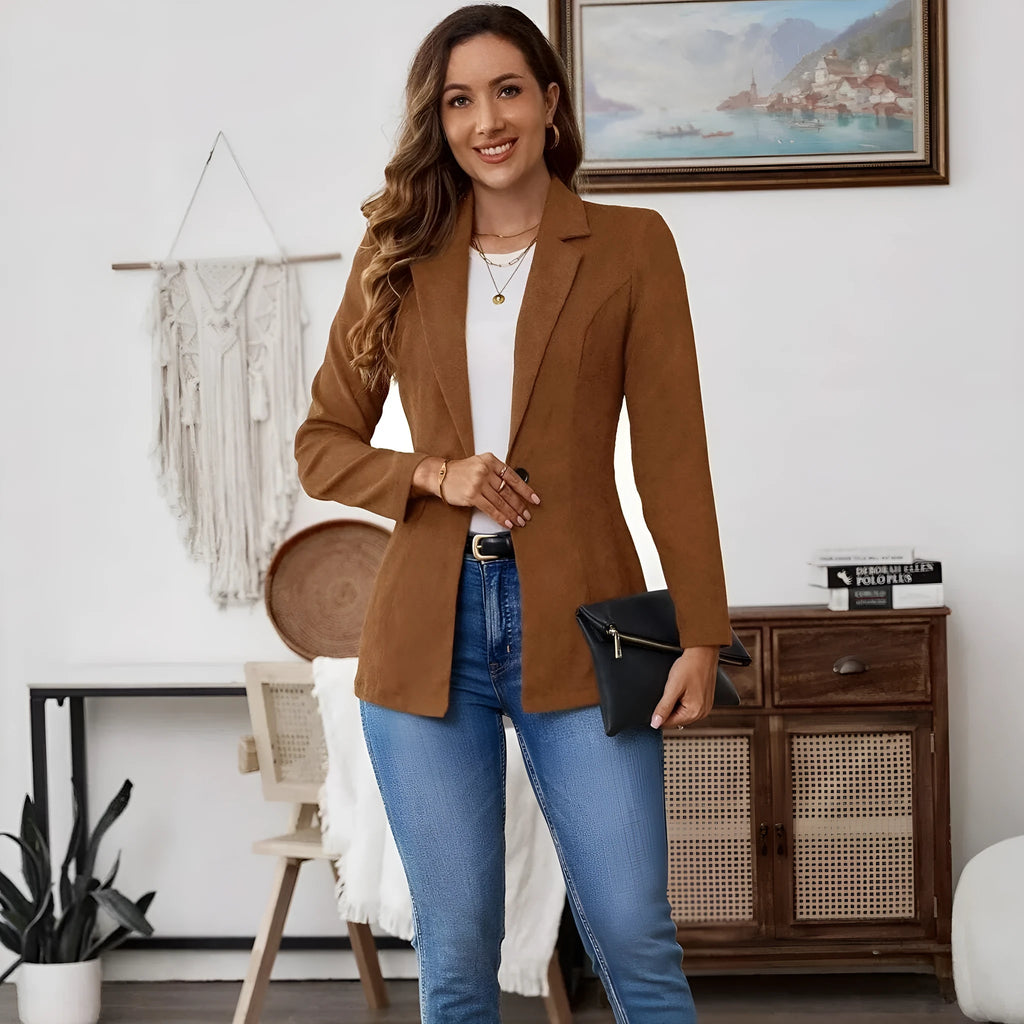 Brown single-breasted lapel blazer for men on a hanger.
