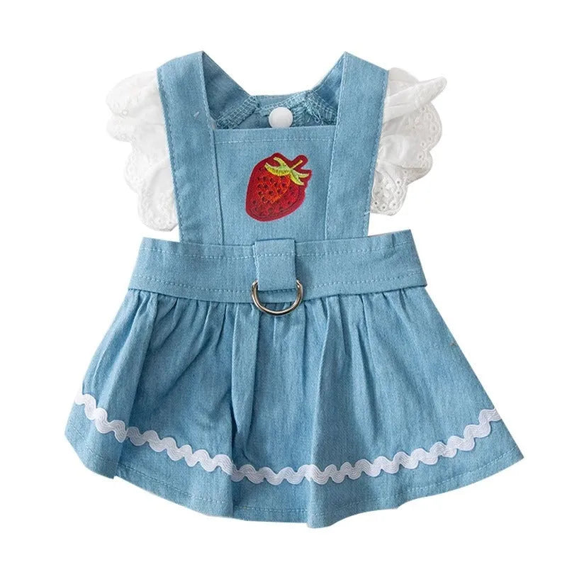 Strawberry traction print denim skirt dog clothes in Bondi Blue colour on small dog model