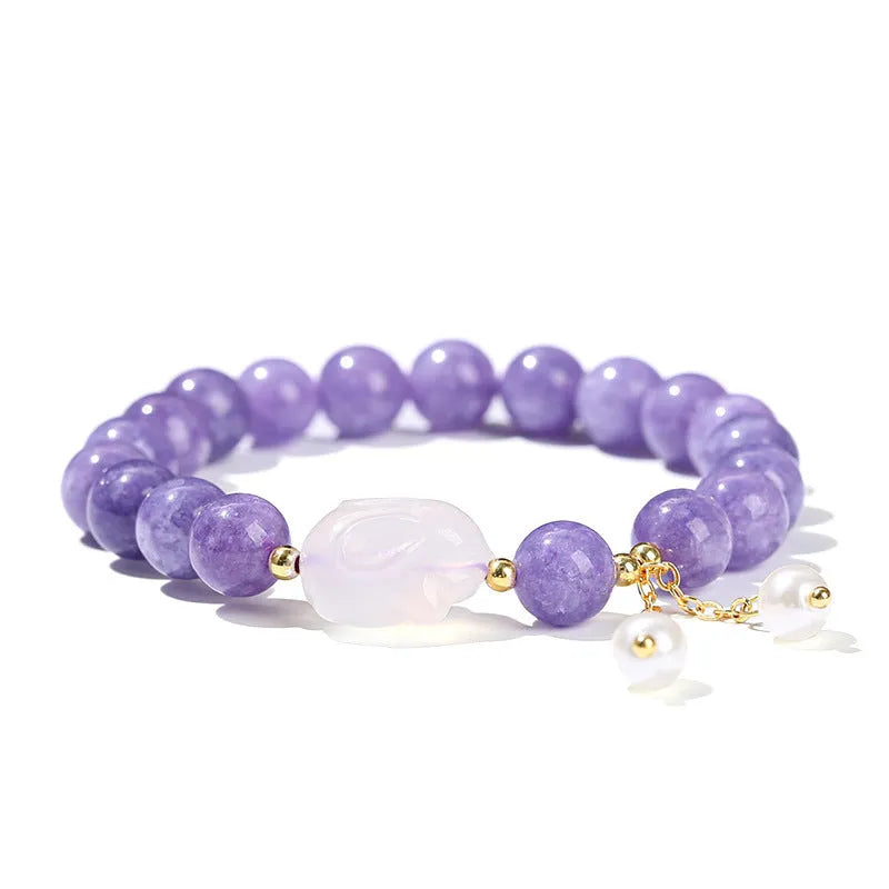 Purple aquamarine chalcedony lychee jelly agate rabbit bracelet with geometric design and round elements