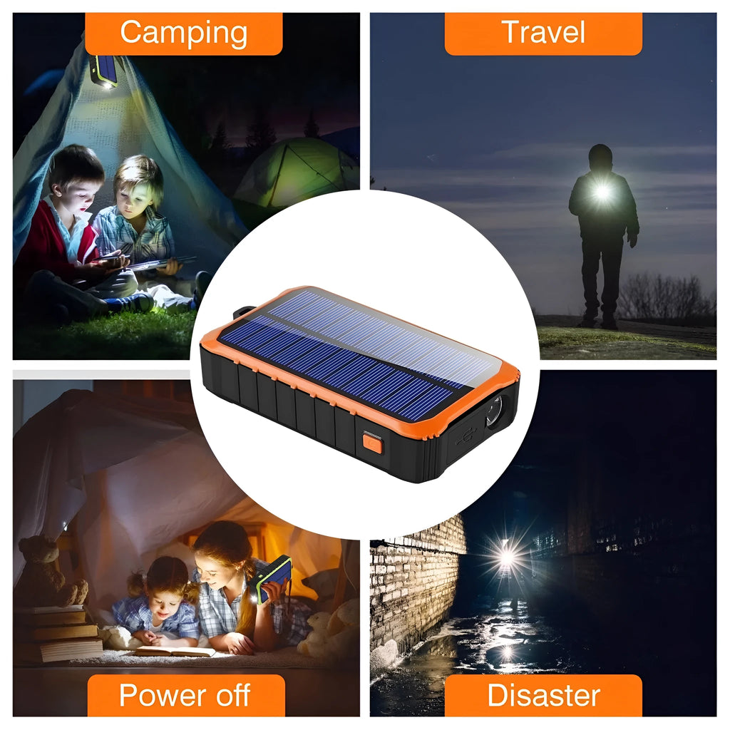 Orange and green hand solar mobile power bank with solar panel and hand crank showing dual USB ports