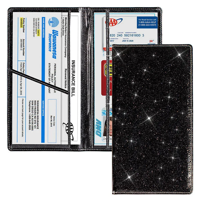 Purple PU leather car insurance and registration document wallet lying flat, showing its slim 24cm profile.
