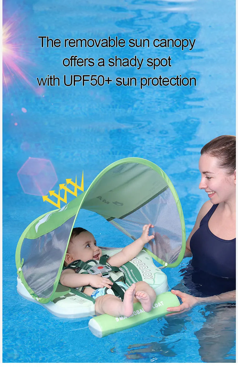 Avocado green dinosaur baby swimming ring with sun shade inflatable float