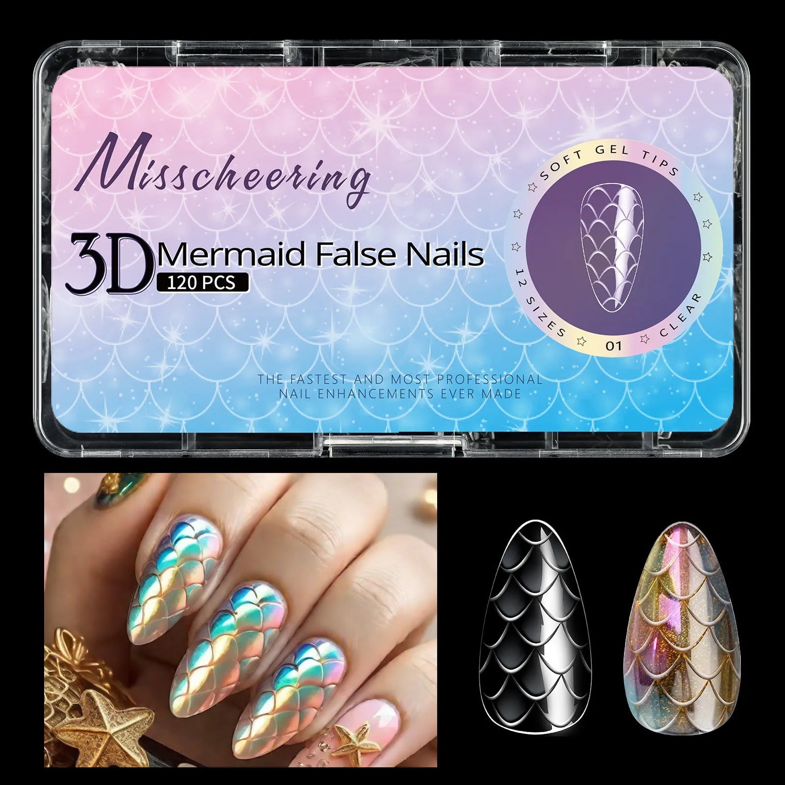 Box of 3D scale long shaping artificial nail tips in one of seven Frigate Box colour options.