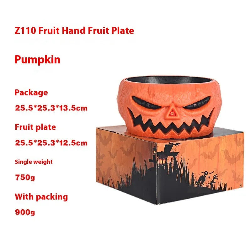 Plastic Halloween candy bowl with motion-activated skeleton hand and lighted red eyes in Grey, Khaki or Pumpkin colour