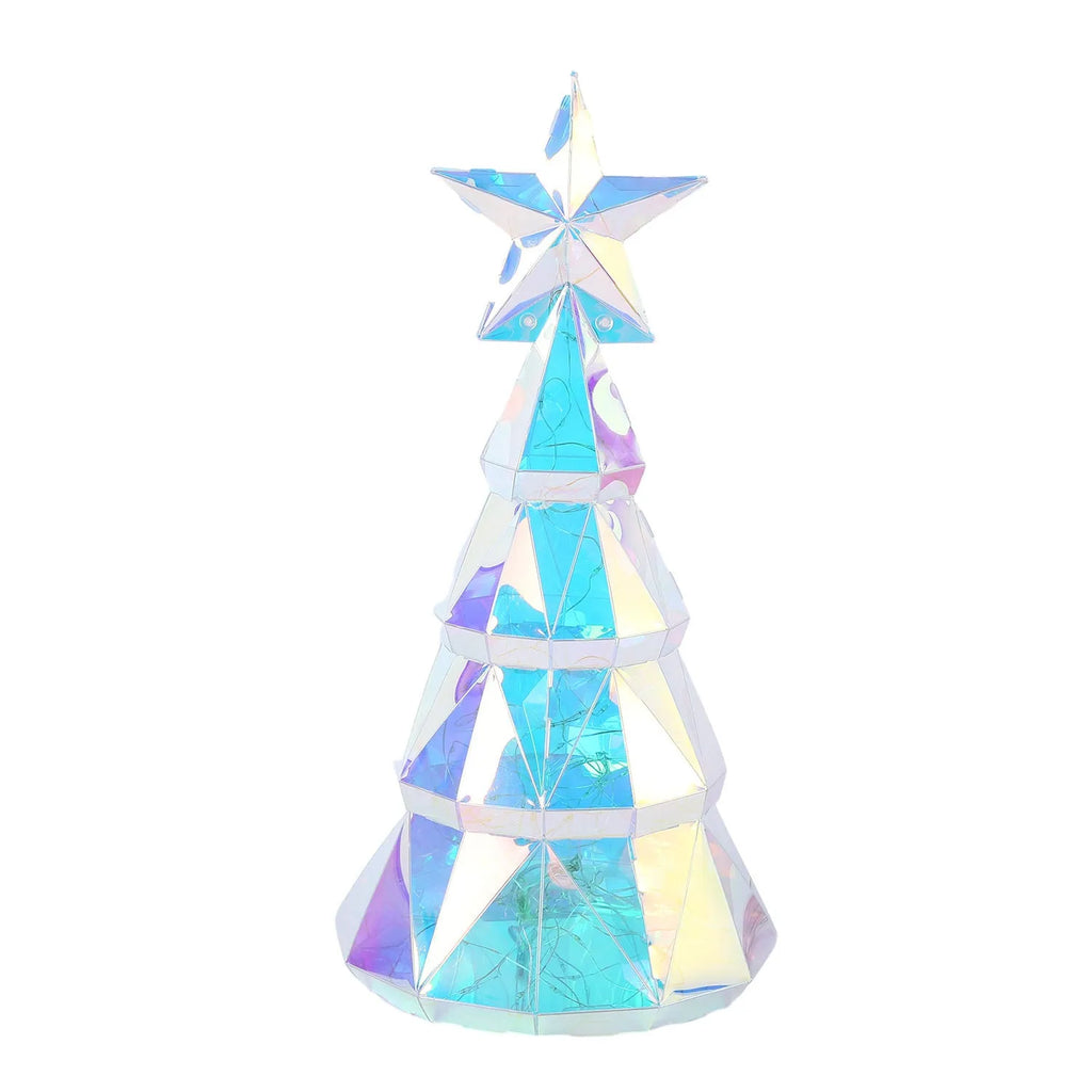 Colourful cartoon-style Christmas tree light decoration measuring 20cm high on a table.