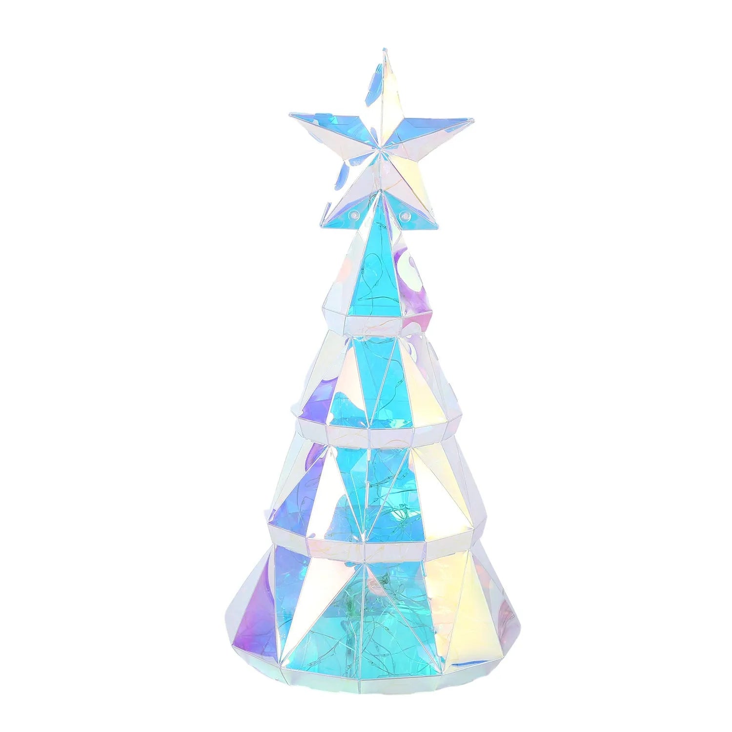 Colourful cartoon-style Christmas tree light decoration measuring 20cm high on a table.