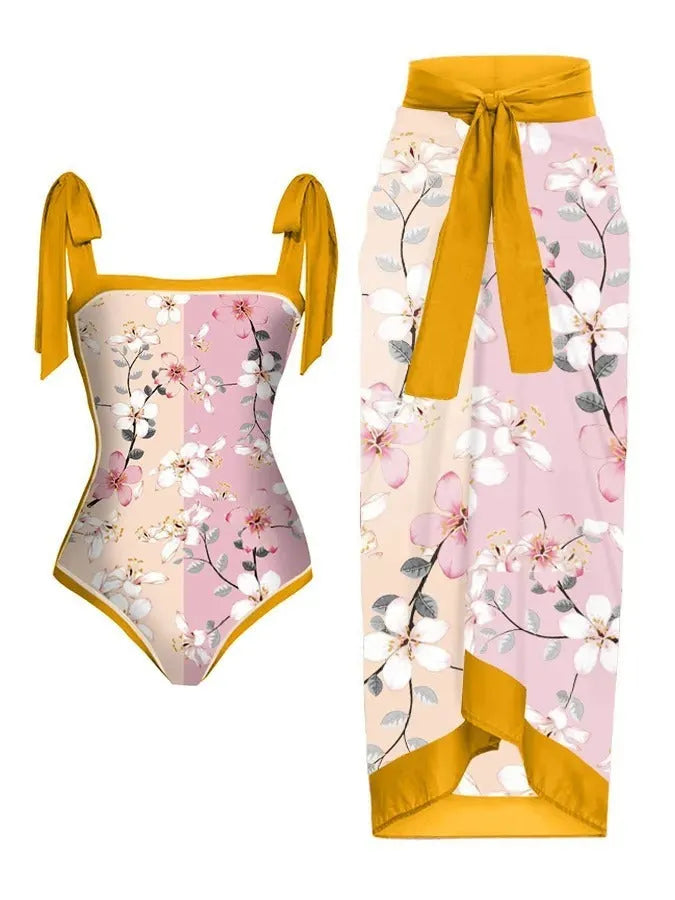 Women's printed chiffon two-piece swimsuit with attached skirt in floral pattern