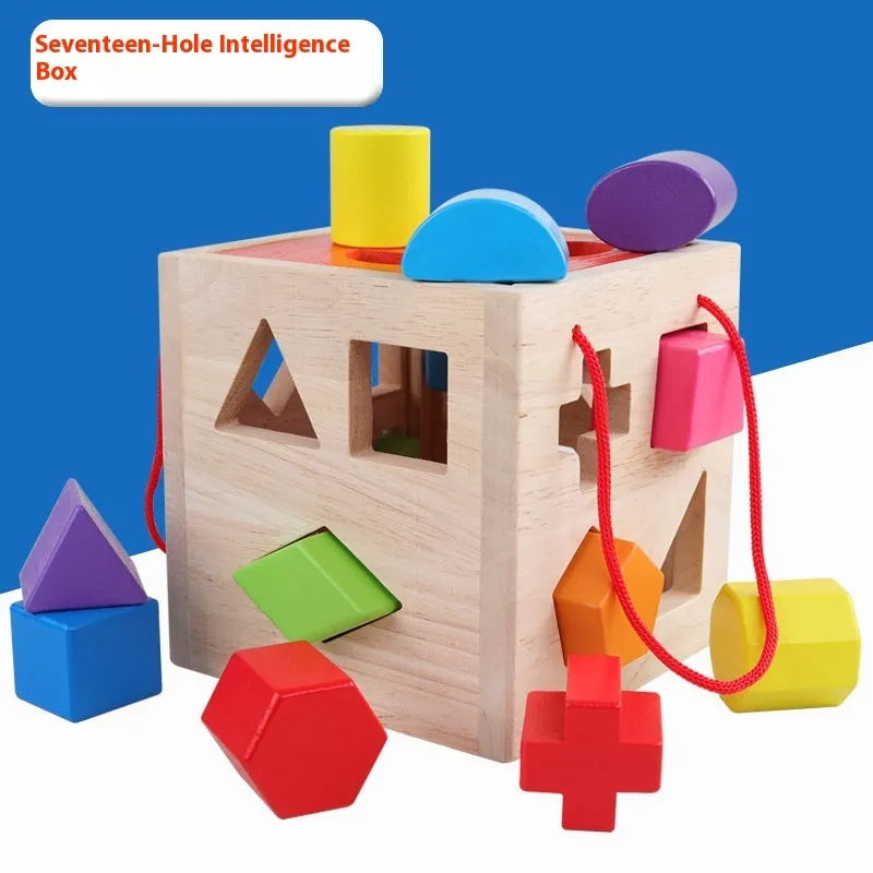 Wooden geometric shape matching baby building blocks with intelligence boxes and wheels for infants 0-3 years