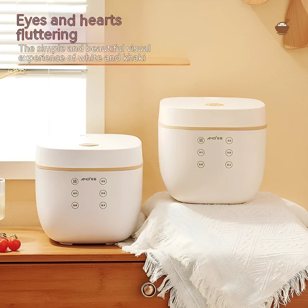 White or beige 3L multi-function rice cooker with accessories on kitchen counter