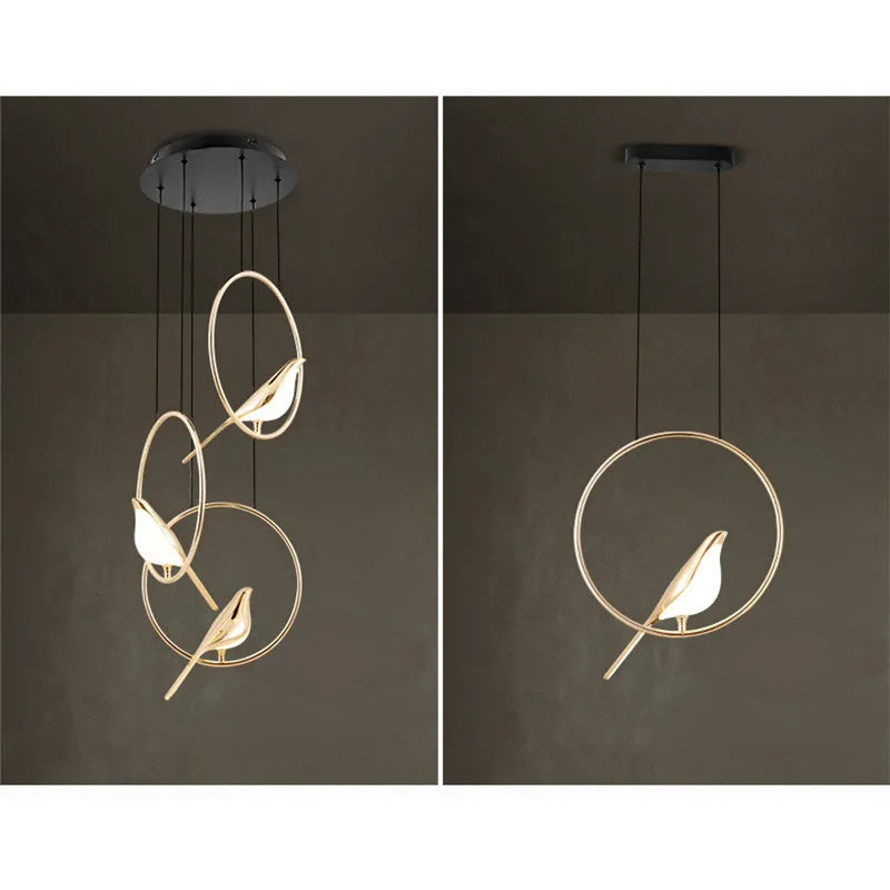 Modern silver magpie bird chandelier with long 150cm drop and clear acrylic details, hanging from a ceiling.