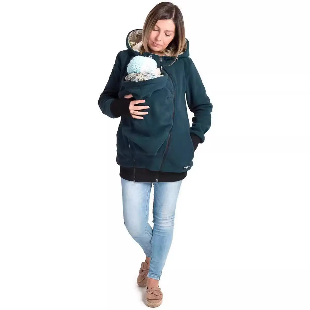 Red loose-fit polar fleece sweater for women with long sleeves, shown on a hanger.