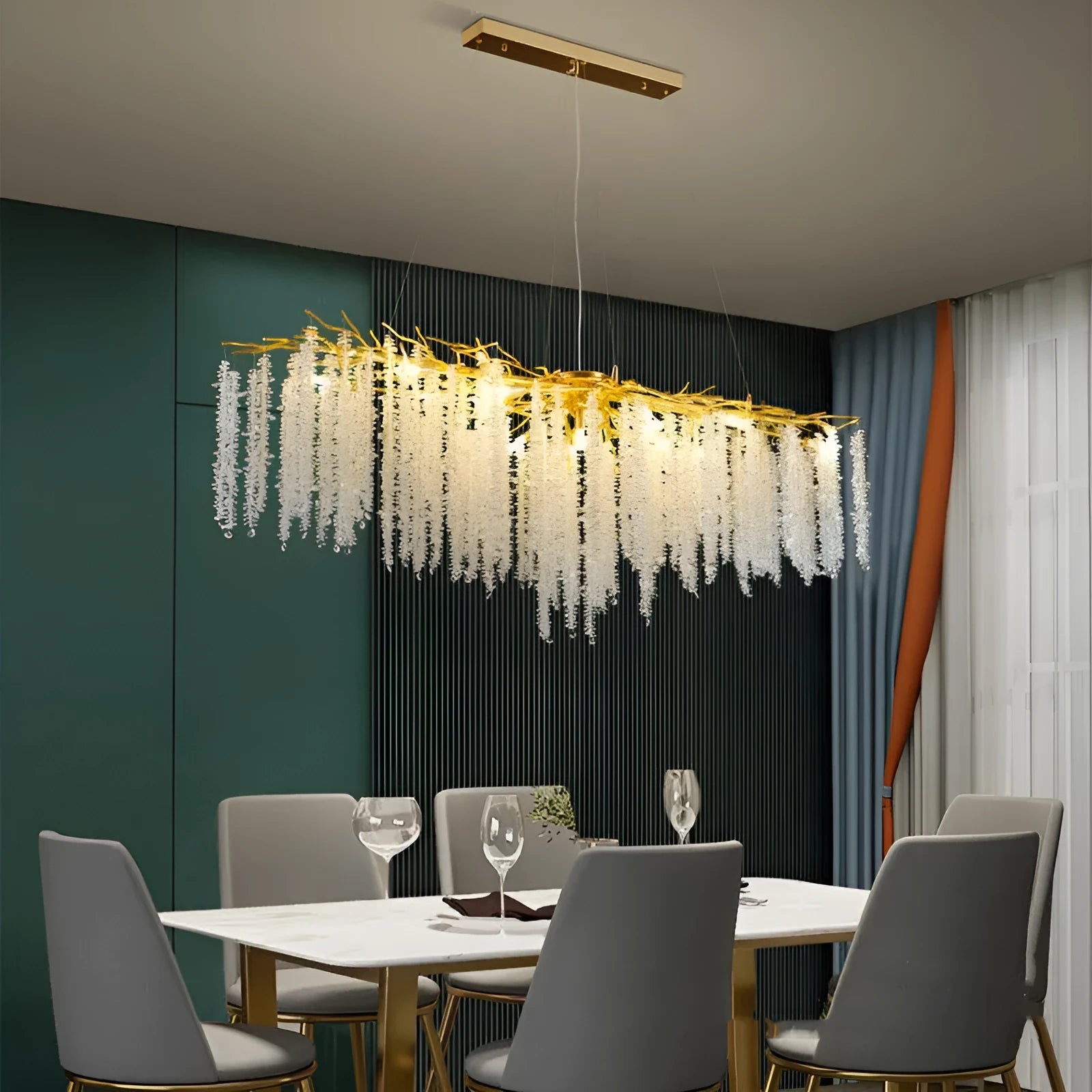 Aluminium alloy crystal chandelier light with adjustable drop, shown in round and long style options.