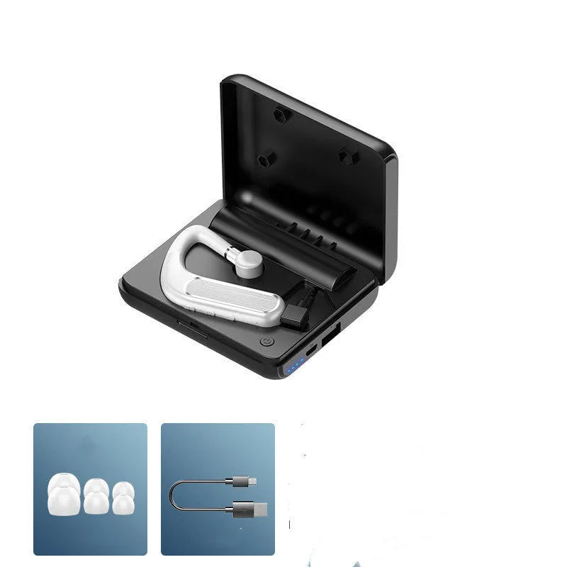 Black Bluetooth earphones with a hanging-ear design, shown with multiple ear caps and a charging cable.