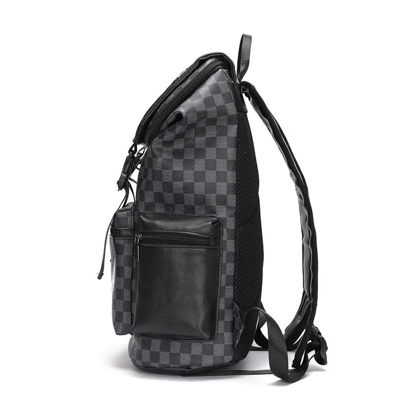 Korean casual checkered printed black backpack with curved shoulder straps and PU leather construction