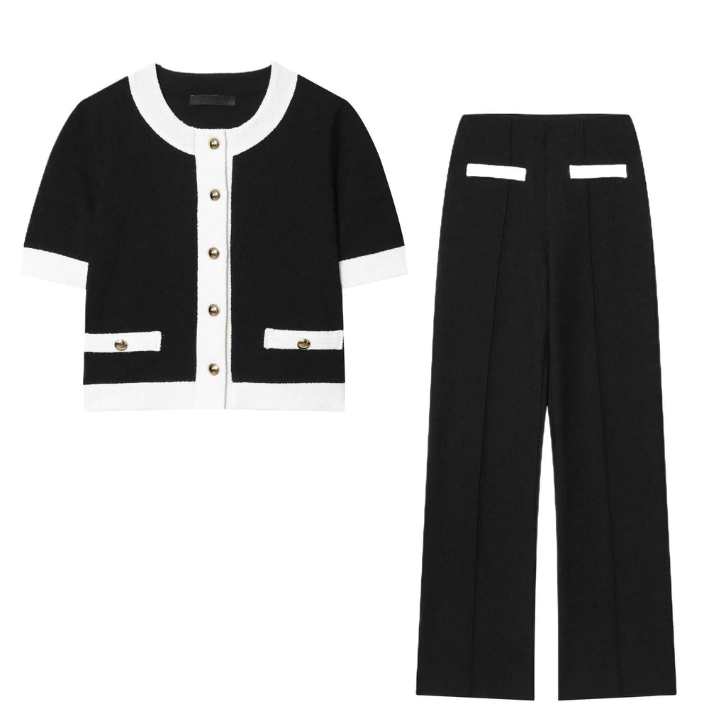 Women's beaded leather top and high-waisted stretch trousers casual suit set in street fashion style.