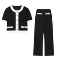 Women's beaded leather top and high-waisted stretch trousers casual suit set in street fashion style.